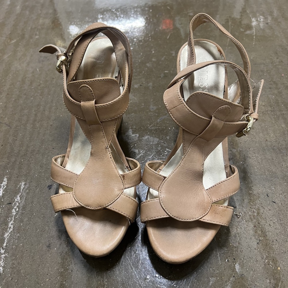GUESS Wedge Sandals Size 8.5 Womens Tan Leather Cork Platform T-Strap Heels